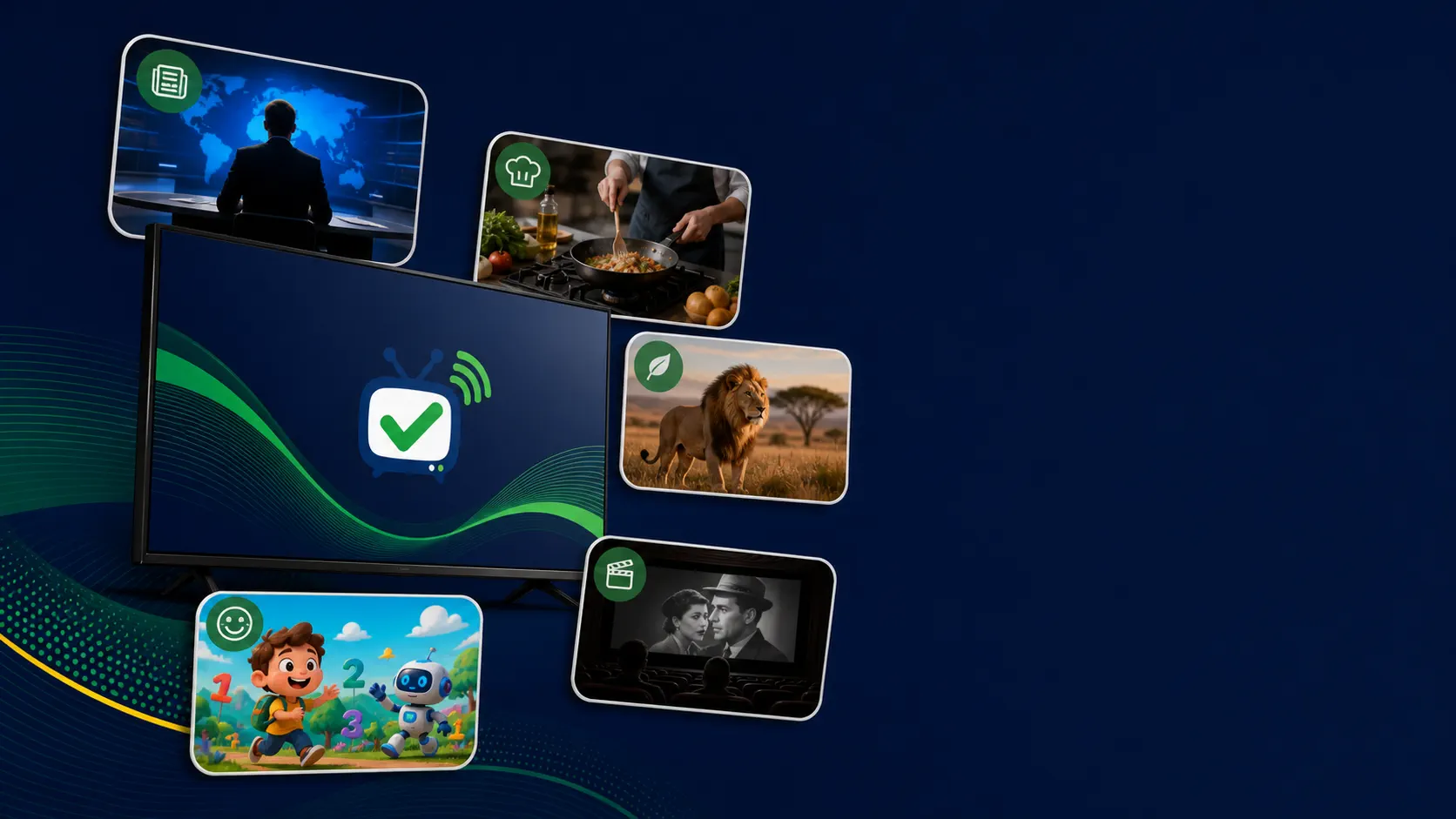 Smart TV cercada por miniaturas de conteúdos variados