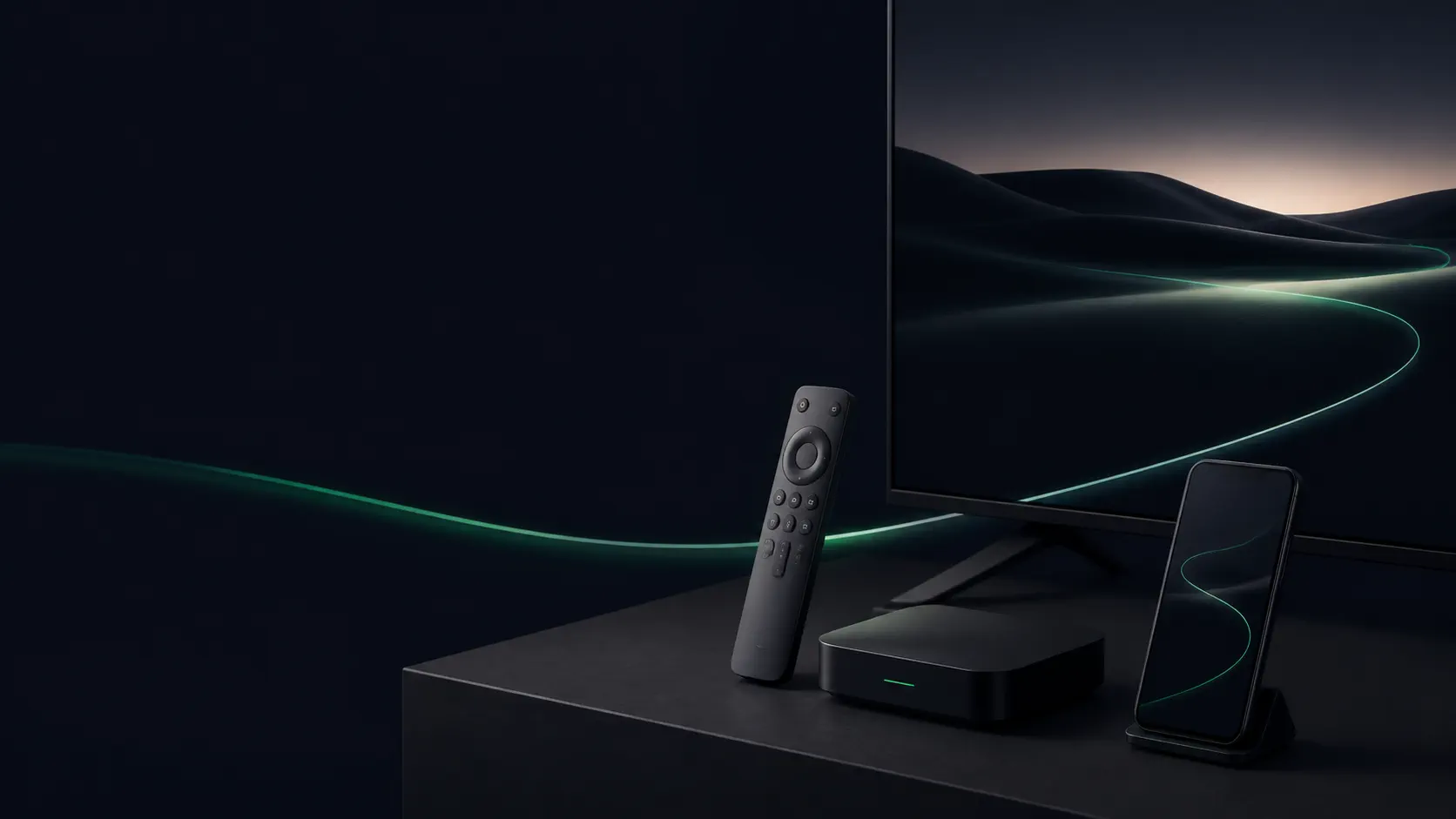 Televisão, celular e tablet exibindo uma interface de entretenimento consistente