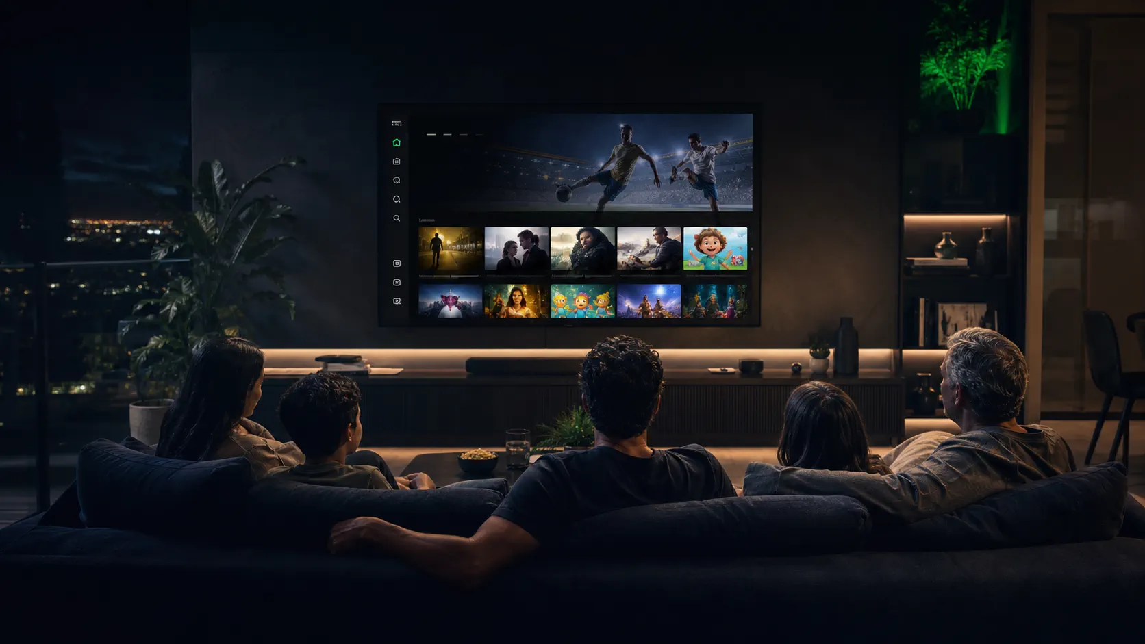 Família reunida na sala diante de uma televisão com interface de entretenimento