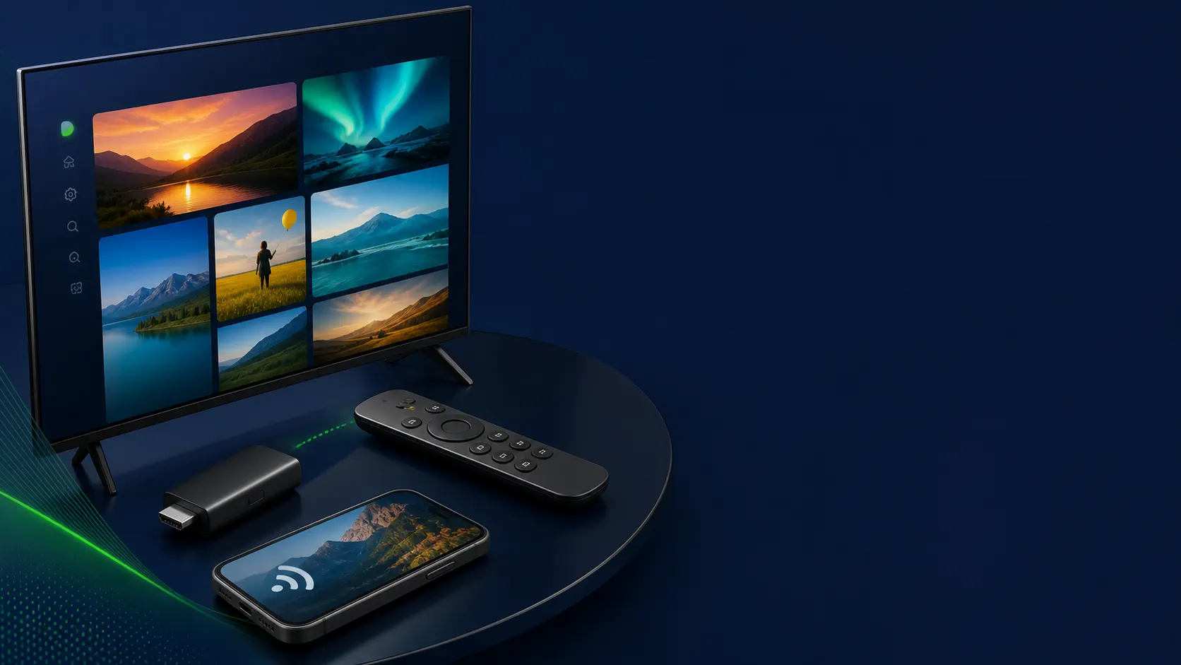 Smart TV, controle, dispositivo HDMI e celular em uma mesa azul