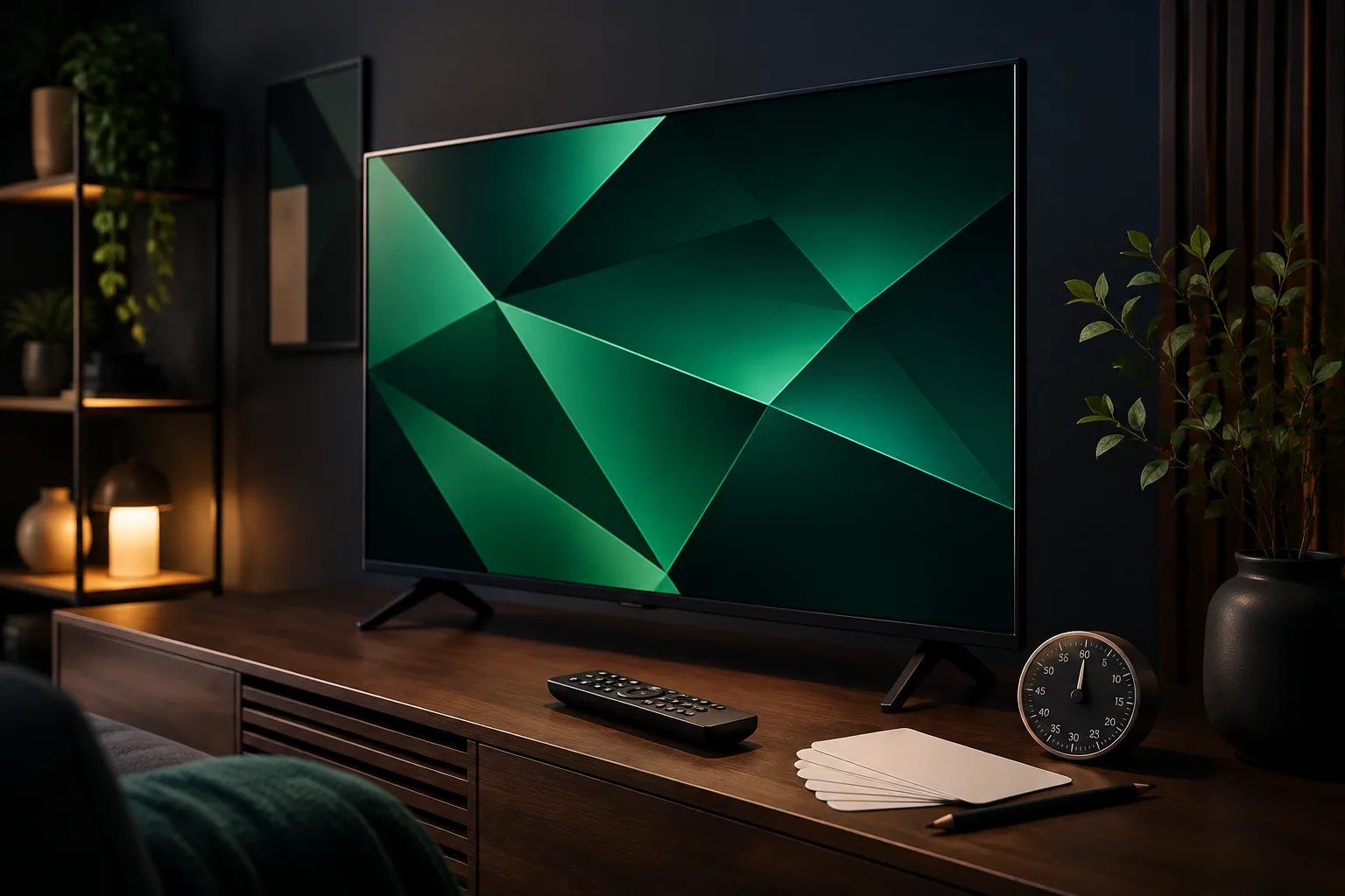 Televisão, controle, temporizador e cartões para uma avaliação.
