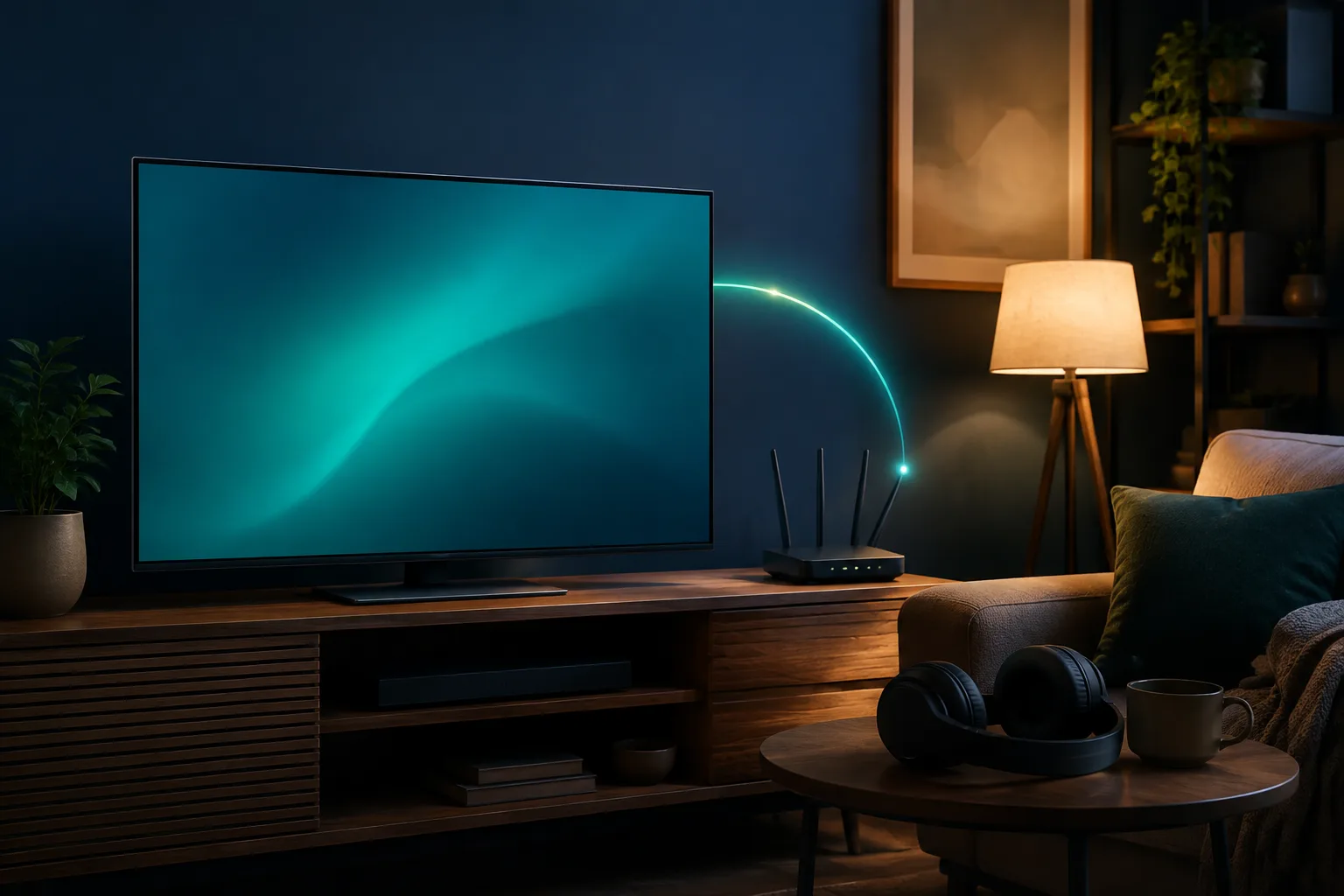 Televisão e roteador ligados por uma linha conceitual, com fones ao lado.