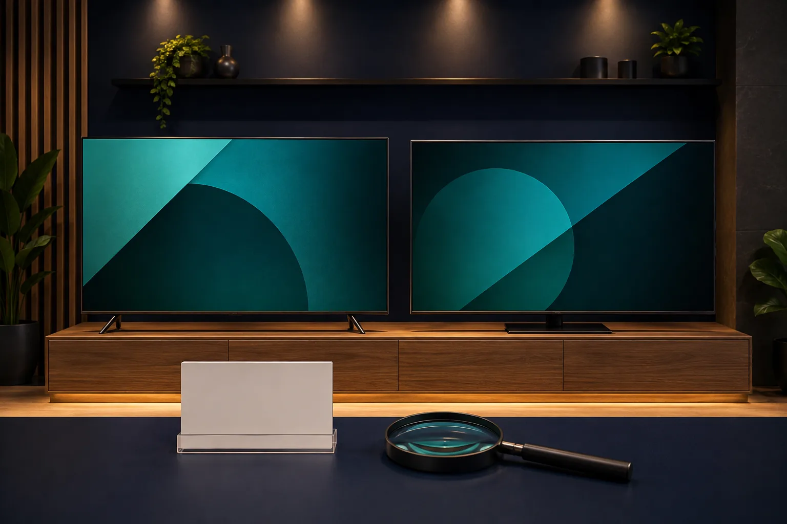 Duas televisões genéricas e uma lupa, representando verificação de compatibilidade.